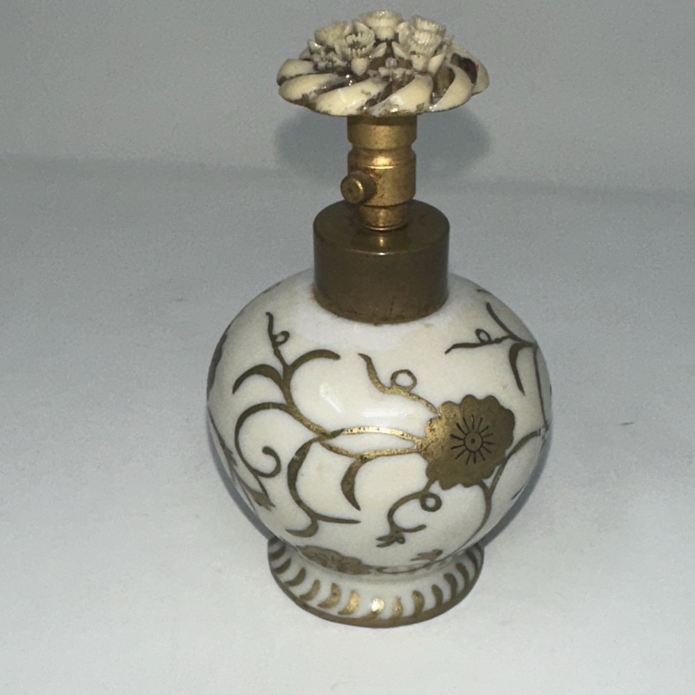 VTG Hand-Painted Gold Gilt Porcelain Perfume Atomizer Carved Celluloid Topper